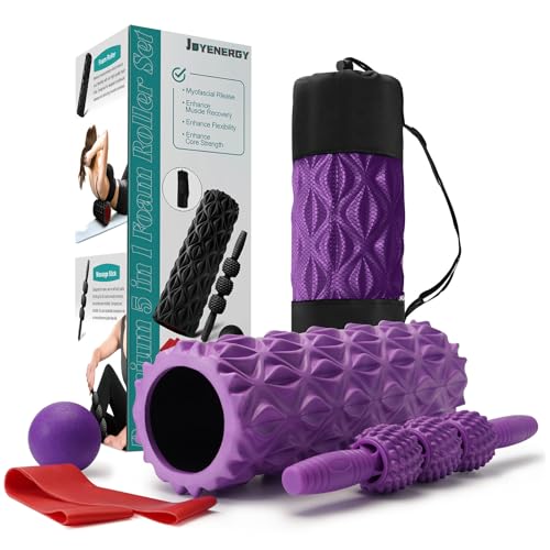 JOYENERGY 5 in 1 Foam Roller Set Trigger Point Foam Roller, Massage Roller Stick, Massage Ball, Stretching Strap for Deep Muscle Massage Pilates Yoga, Fitness Exercise for Whole Body (Purple Diamond) by JOYENERGY - Used condition - US$33.96