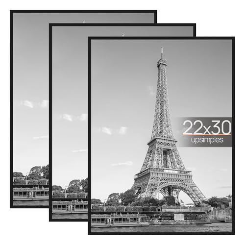 Image of upsimples 22x30 Picture Frame Black 3 Pack, Scratch-Proof Picture Frames 22 x 30 for Photo Gallery - Slide-in Strips, Horizontal or Vertical Wall Mounting