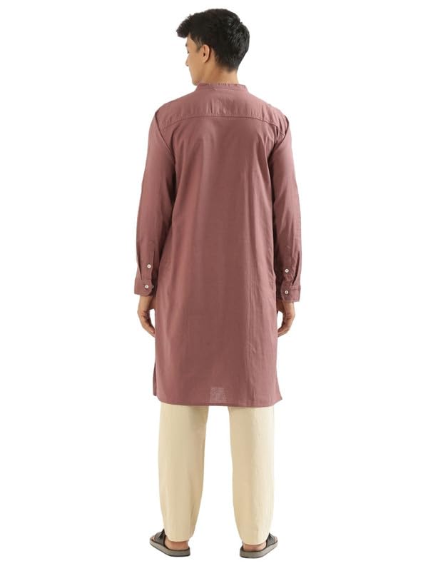 Image of SAADAA Men's Long Kurta - Linen Cotton Blend, Airy Fabric, Regular Fit, Mandarin Collar, Solid Color - Casual, Festive & Ethnic Wear