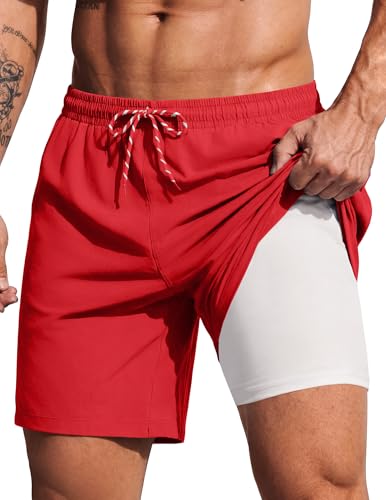 COOFANDY Mens Swim Trunks 7 Inch Quick Dry Board Shorts Beach Swim Shorts Bathing Suit with Compression Liner Red