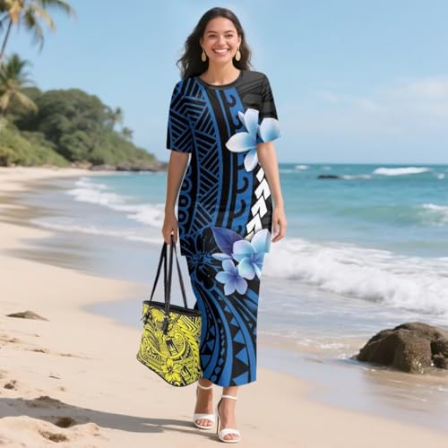 Image of Puletasi Samoan Traditional 2 Piece Outfits for Women Short Sleeve Crop Top and Maxi Skirt Sets Puletasi Dress