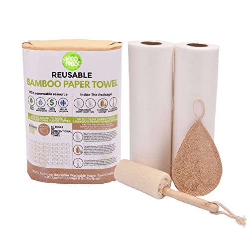 Bamboo Rayon Paper Towels | Washable Reusable Paper Towels, 2 Rolls,(40 Sheets)1 Year Supply & Loofah Sponge & Dish Scrub Brush | Eco Friendly Paper Towel Alternative | Zero Waste Gift Set