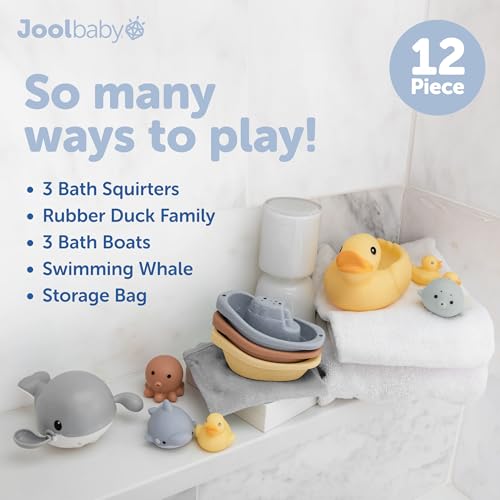 Image of Jool Baby 12-Piece Bath Toy Gift Set with Bath Toy Storage Organizer | Makes a Great Baby Shower Gift - Gift-Ready Packaging - Includes Mesh Storage Bag for Air Drying & Keeping Toys Organized