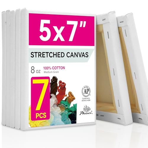 PHOENIX Stretched Canvas for Painting 5x7 Inch/7 Value Pack, 8 Oz Triple Primed 5/8 Inch Profile 100% Cotton White Blank Canvas,Small Framed Canvas for Oil Acrylic & Pouring Art