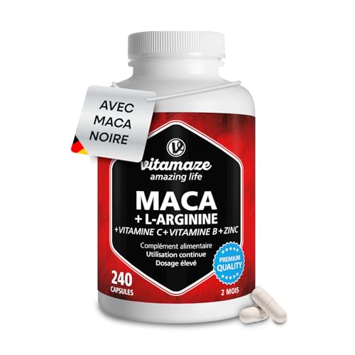 Maca Noire Complexe avec L-Arginine 450mg, Trois types de Maca Andine (Noire, Jaune et Rouge) + Vitamines C et B + Zinc, 240 Gélules, Racine de Péruvienne des Andes, Qualité Allemande, Vitamaze
