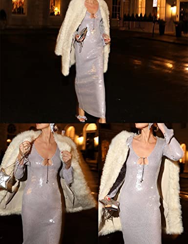 Image of Women's V Neck Long Sleeve Glitter Sequins Mermaid Evening Gown Dress