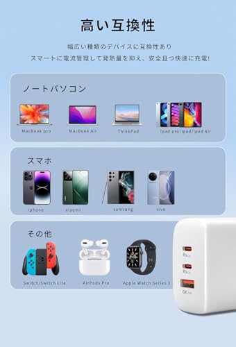 undefined PD 充電器65w USB Type-c 急速充電器 軽量·小型 三台同時充電 超低温 GaNIII技術 PD3.0対応/QC3.0/PPS/SCP規格対応/PSE認証済 MacBook//Surface/iPad/Windows PC/ノートPC/iPad/iPhone/Android/Samsungなど機種に対応 (ホワイト) の商品画像 6