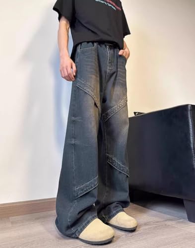 Unisex Y2K Baggy Wide Leg Jeans, High Waist Loose Fit Streetwear Denim Pants with Diagonal Stitching Retro Style2