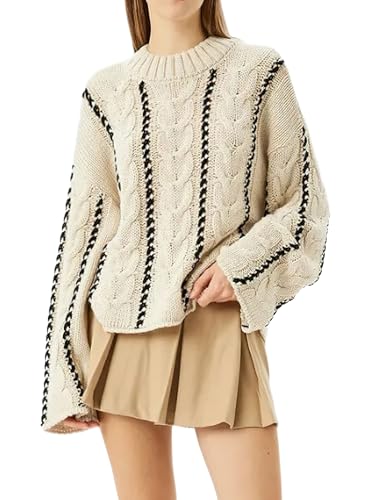 chouyatou Women's 2025 Fall Vertical Striped Sweaters Cable Knit Crewneck Pullover Jumper Tops