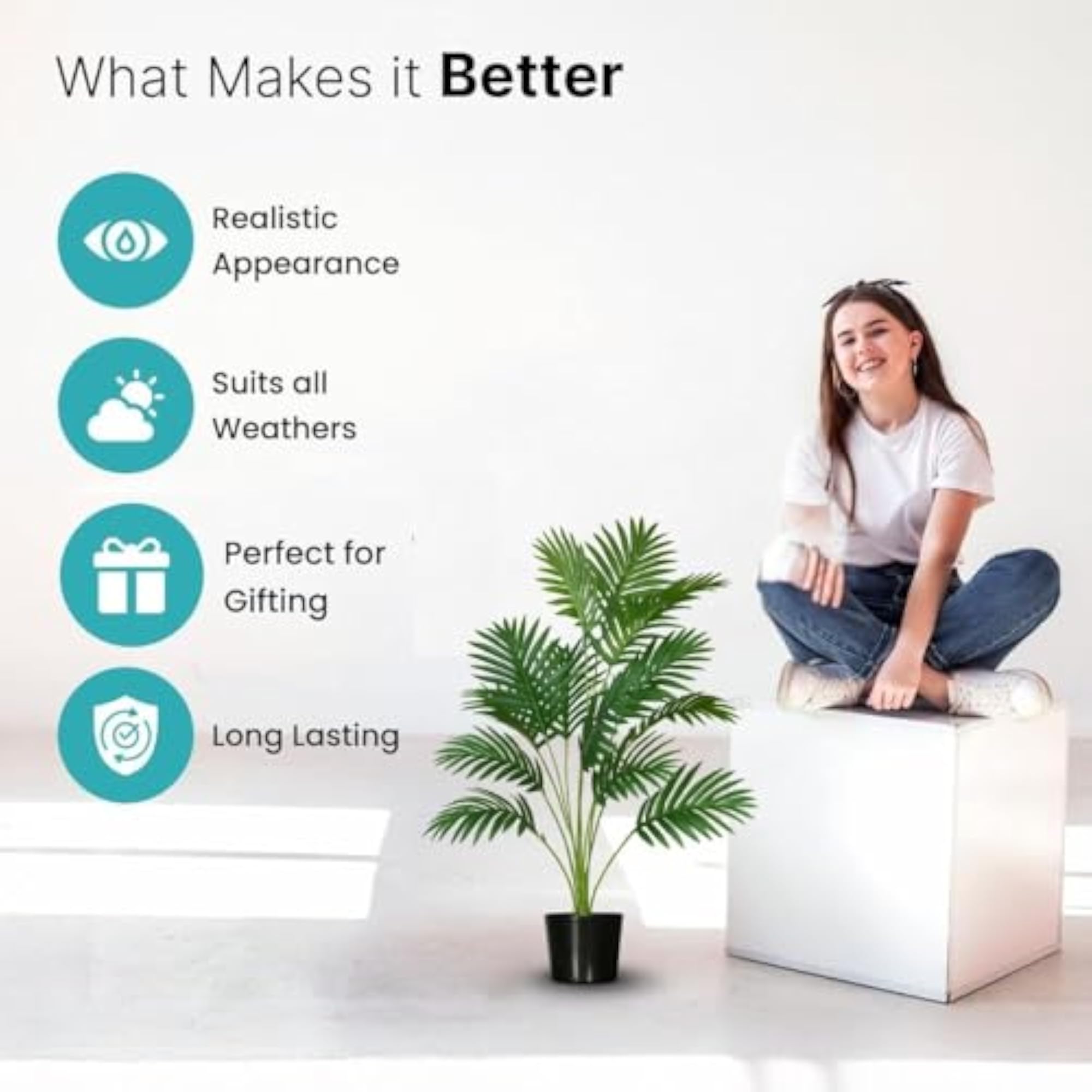 Artificial Areca Palm Plant, 60cm Tall, Black Pot