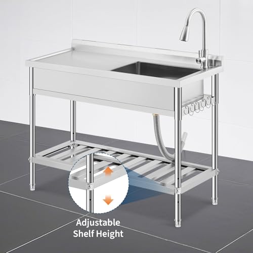 Image of Garvee 47 Inch Commercial Utility Sink with Faucet, Freestanding Stainless Steel Sink with Workbench & Storage for Kitchen, Laundry, Garage, Outdoor