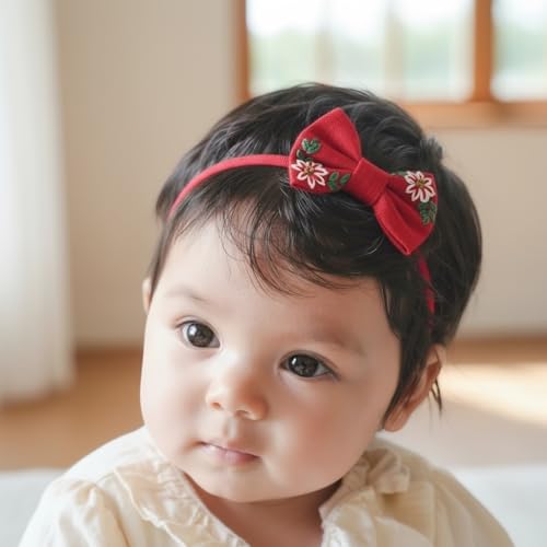 Leonyvie Hand Embroidered Classic Hair Bow on Super Soft Headband for Babies and Girls - Red - Image 4 thumbnail