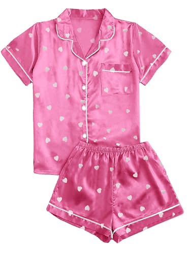Image of Remidoo Womens Heart Print Satin Pajamas Button Down 2 Piece Sleepwear Set Pink X-Small