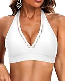 Tempt Me Women White Halter Bikini Top Padded Swimsuit Top V Neck Bathing Suit Tops Only L