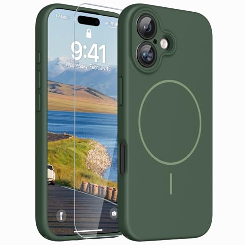 Image of Magnetic for iPhone 16 Plus Case,Shockproof Matte Cover,Dark Green | with Screen Protector,Compatible with MagSafe,Military Grade Drop Protection,Full Camera Protection,Non-Slip Design Case