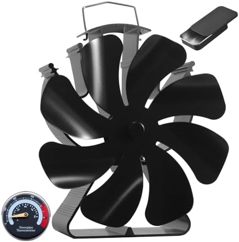 VODA Wood Stove Fan Heat Powered Fireplace Fans Non Electric, Heat Activated Thermal Fan 8 Blades for Wood Burning/Pellet Stove/Log Burner, w/Stove Accessories Thermometer Aroma Pod