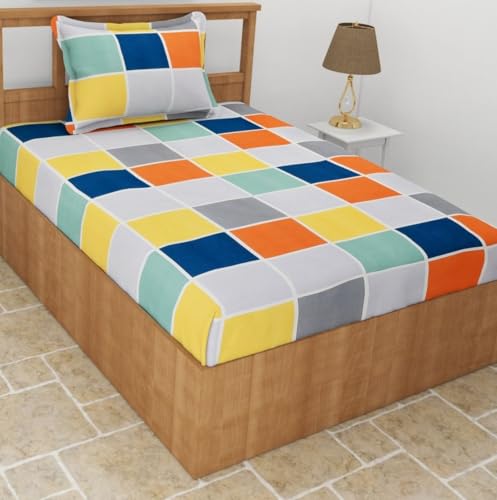 Image of Glace Cotton Single Bedsheet - 60x90 Inches with 1 Pillow Cover 18x28 Inches Multicolor Grid Check Print Bed Sheet Set - Soft Flat Bedcover for Single Mattress Bedroom Hostel Room - Multi Check