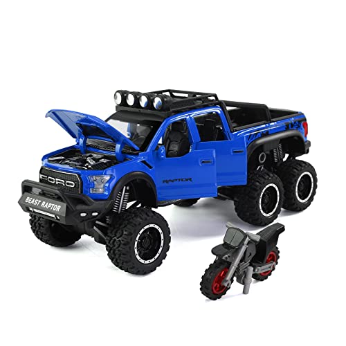 Myjjtys Toy Pickup F150 Six-Wheel (Length 8.6 Inch) Metal Die-Cast Model Car Sound And Light With Motorcycle Toy Car 3 4 5 6 7 8 9 10 11 12 Year Old Boy Toy (Blue) #TOP2
