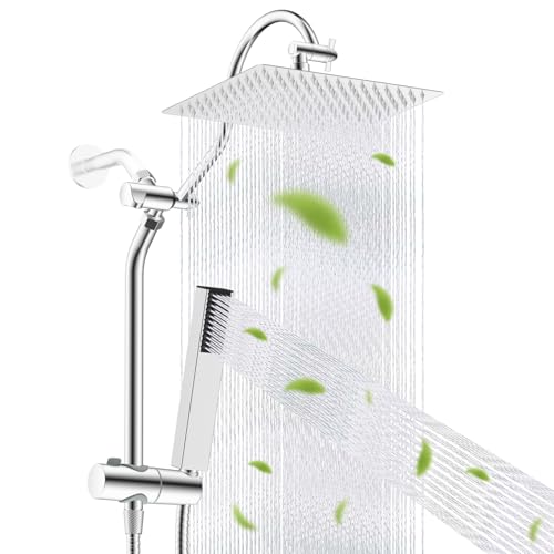 Hibbent cUPC Certified High Pressure 12'' Rainfall Shower Head, Showerhead Combo with 4-Mode Handheld Spray, 12'' Adjustable Extension Arm, Extension Bar, Easy Reach Holder, 71'' Hose, Chrom