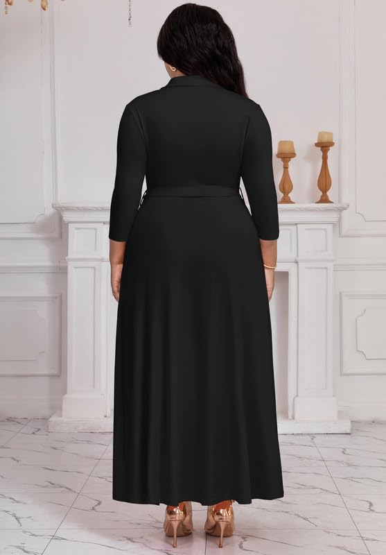 Maxi Dresses for Women Casual V Neck 3/4 Sleeve Long Church Dress Semi Formal Outfits with Pockets - Image 4