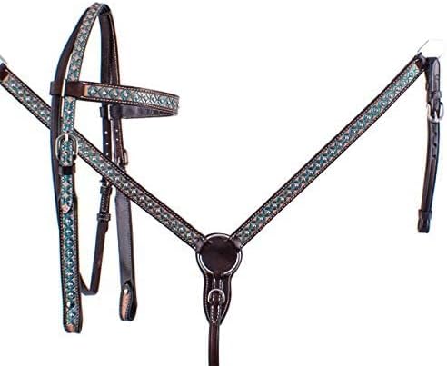 Showman Hand Painted Turquoise Floral Leather Browband Headstall & Breast Collar Set w/Reins