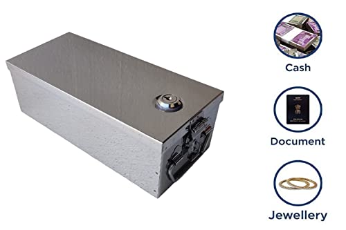 Image of Stainless Steel Jewellery Organizer Box, Medium Size, Key Lock, Silver, 8 Inch (L-21cm, W-10cm, H-8cm), With Pre-fitted Lock & 2 Key, Small Jewel 8