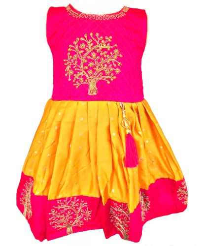 Aachall Girls Ethnic wear Silk Frock - Pattu - Yellow (2 Years - 3 Years)