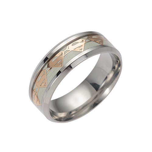 ERLUER Men's Stainless Steel Rings Luminous Glow in the Dark Superman Band Women Jewelry Ring (Gold, 6)