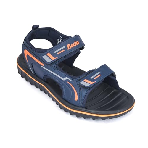 Image of Bata Men's Sports Sandals, Dual Velcro Strap, Textured Sole (NAVY /ORANGE, UK Footwear Size System, Adult, Men, Numeric, Medium, 9)