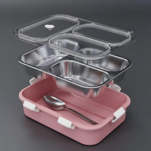 Image of Sanghariyat 3 Compartment Lunch Box Insulated Air Tight and Portable Utensils, Stainless Steel 100% Leak Proof Lunch Containers with Fork Spoon and a Pair of Chopsticks for School Kids -750Ml (Pink)