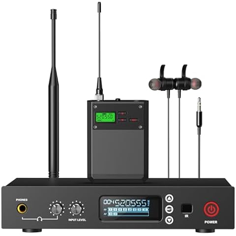 Riworal Wireless in Ear Monitor System UHF Channels Auto Scan Frequency Wireless Earphone Ransmitter and Bodypacks Monitoringwith 262ft for Stage,Monitoring Cover
