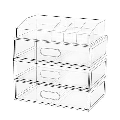 Image of Clear Stackable Makeup Organizer with Drawer, 12''W Acrylic Storage Drawers, Cosmetic Display Case for Vanity Bathroom Countertop, Beauty Holder for Lipstick Brush Skincare Perfume (4 Pack)