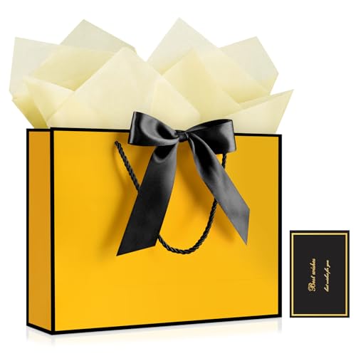 JMANNI Gift Bags with Handles 13 Medium Gift Bag for Presents 1 Pcs Bags with 2 Tissue Paper and 1 Cards for Baby Shower Wedding Bridal Shower Mothers Day Birthday Party (Yellow-Black