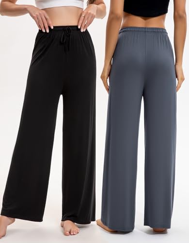 2 Pack Women’s Wide Leg Pants - Soft Comfy Yoga Pants, Casual Lounge Pajama Bottoms for Women3