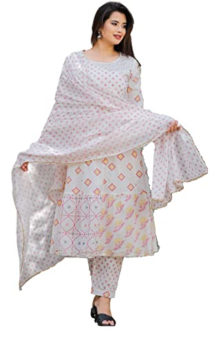 INDACORIFY Wunderschöne Kurti-Hose aus Baumwolle mit Dupatta-Anzug für Mädchen und Frauen, Festliche Party-Bürokleidung, Salwar Kameez (X-Large(42)) Cover