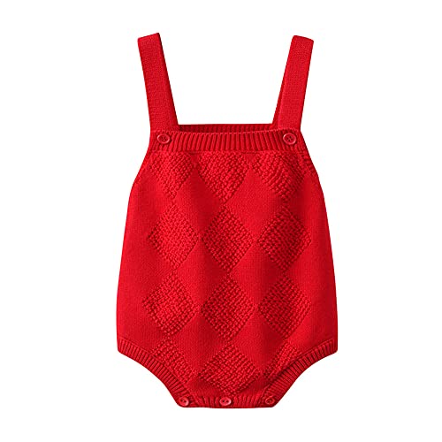Image of Auro Mesa Infant Girls Red Sleeveless Knitted Line Straps Bodysuit Romper Jumpsuit Overalls First Birthday baby Clothes
