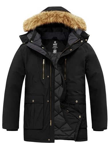 wantdo Men's Winter Jackets Parka Coat Military Jacket with Fur Hood Black M