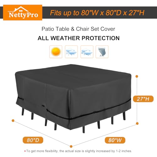 NettyPro Patio Table Cover Square 80 x 80 Inch, Waterproof Outdoor Furniture Dining Set Covers for Table and Chair, Black by NettyPro - Image 6