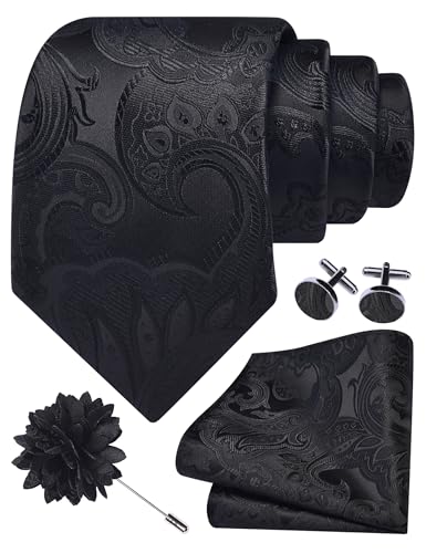 Image of GUSLESON Paisley Tie Set for Men 3.15 inch Necktie Lapel Pin Hankerchief Cufflinks Set for Men