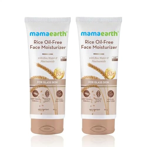 Image of Mamaearth Rice Oil-Free Face Moisturizer for Oily Skin | With Rice Water & Niacinamide for Glass Skin | 24-Hour Hydration | Brightens Skin Tone | 80 g (Pack of 2)
