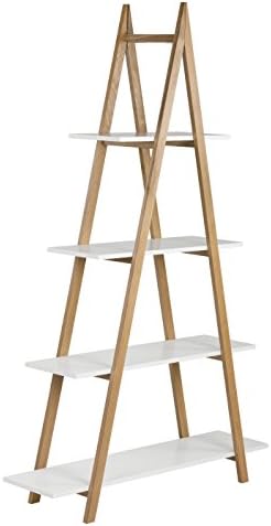 Universal Expert Abacus 4-Tier Ladder Bookcase, Leaning Free Stand Wood Bookshelf Frame Storage Rack, Display Shelf for Home Office, Oak and White