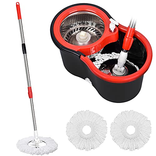 Spin Mop Bucket, 360 Spin Mop and Bucket System with 3 Mop Heads, Stainless Steel Spin Bucket Mop for Floor Cleaning