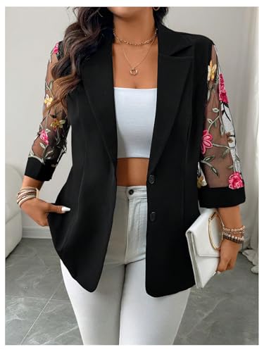 WDIRARA Women's Plus Size Floral Embroidered Mesh Button Down Blazer 3/4 Sleeve Collared Suit Jackets4