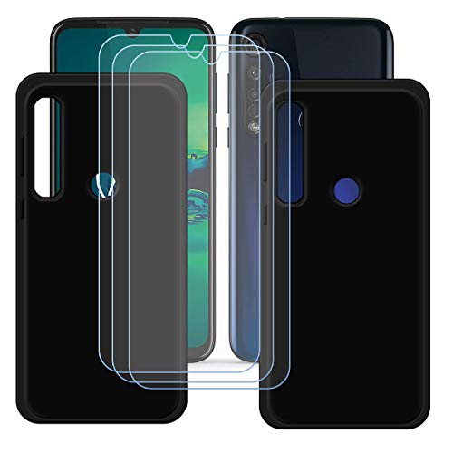 DQG Funda para Motorola One Vision Plus + 3 Piezas Vidrio Protector de Pantalla Cristal Templado Film, 2-Pack Negro Suave TPU Silicona Cover Carcasa Caso Case para (6.3')