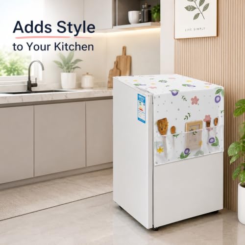 Image of Refrigerator Top Cover with 6 Storage Pockets, Waterproof Fridge Cover, Dustproof PEVA Fridge Mat for Kitchen, Washable Refrigerator Cover (Multi Print Design)