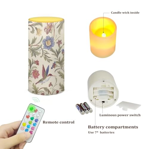 Image of Poceacles Retro Floral Hummingbird Cream White Flameless LED Candle Battery Powered Votive Lights Realistic Pillar Candle Decorative Tea Lights for Home Party Indoor Outdoor Decor