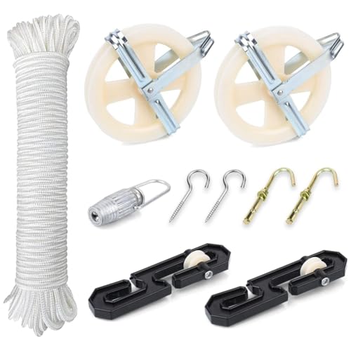 Ounfhtrttk Kit de Tendedero Exterior, Kit de Poleas de Cuerda de Nylon, Kit de Poleas para Tendedero con Separador y Esparcidor.