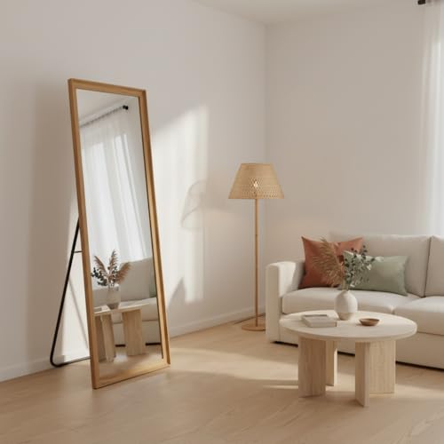 Image of APRODZ Full Length Mirror with Wooden Frame | 65x22 Inch Floor Standing Full Body Mirror | HD Large Dressing Mirror with Stand & Wall Hanging Option for Bedroom, Living Room & Studio