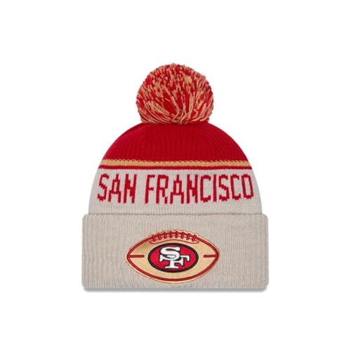 New Era San Francisco 49ers NFL 2024 Sideline Historic Sport Knit Beige Rot Bommelmütze - One-Size