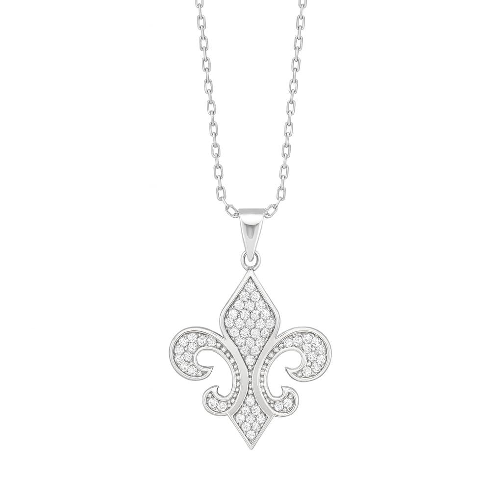 Pendentif Argent Fleur de Lys et Oxyde de Zirconium Blanc - Symbole Reine Française - Symbole Médiéval - Chaîne Cadeau Incluse -